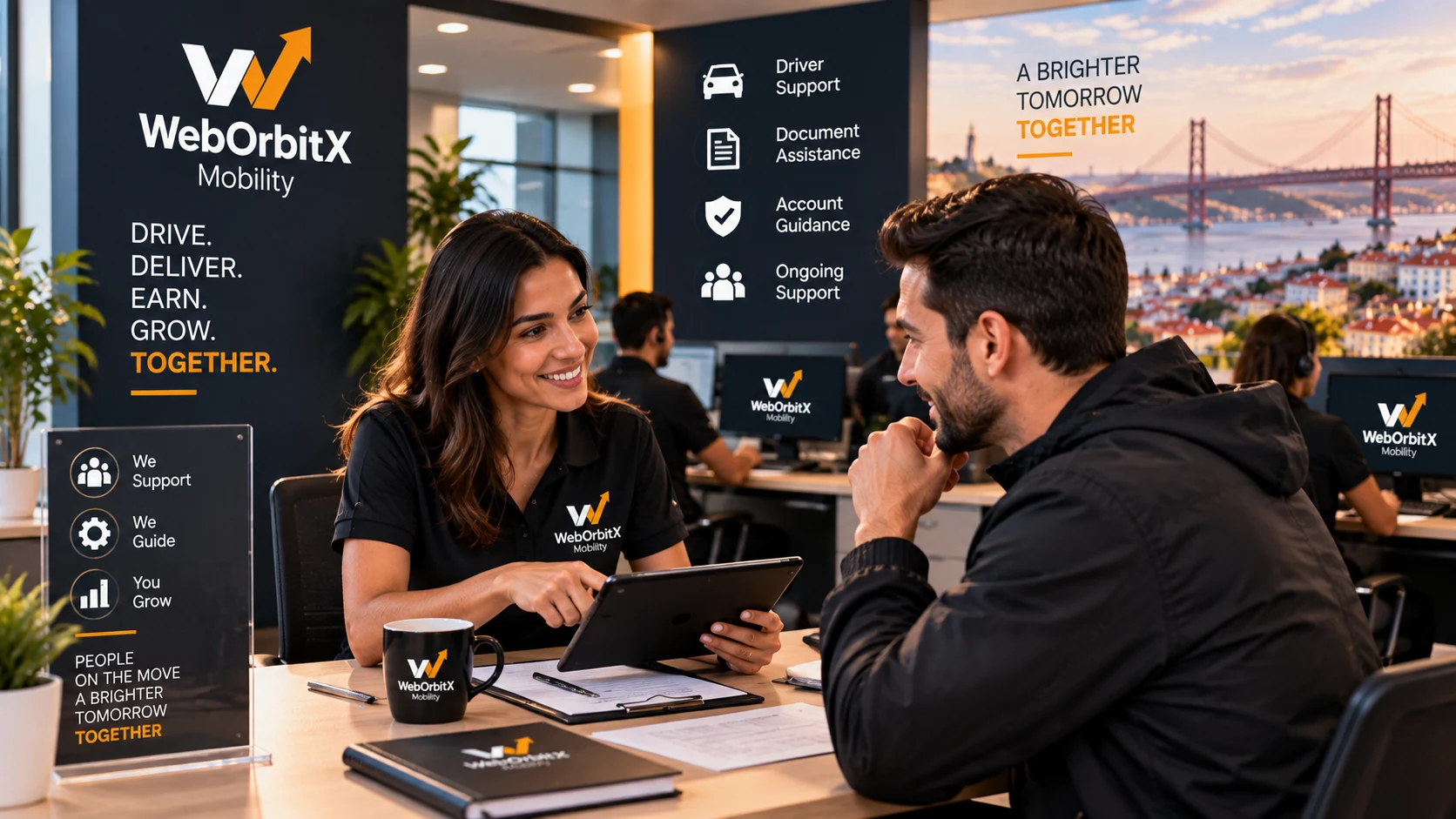 A WebOrbitX Mobility adviser talking a driver through his account at the office