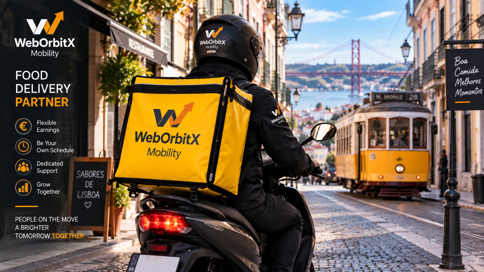 A WebOrbitX Mobility delivery rider with a yellow branded box riding past a tram in Lisbon