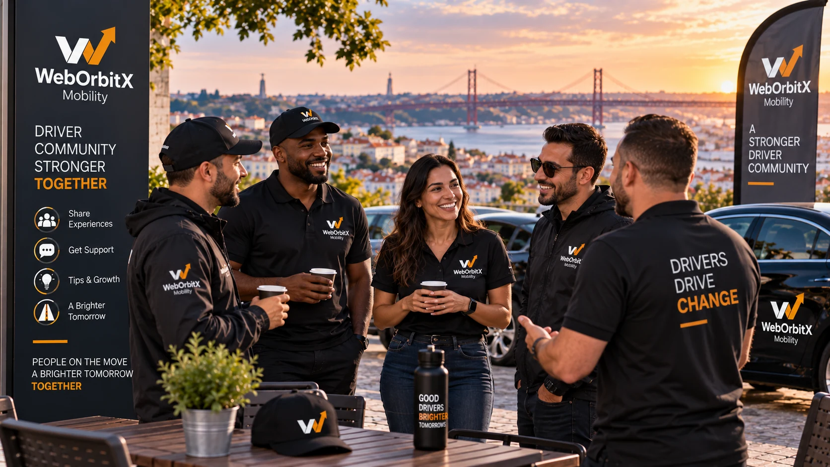 WebOrbitX Mobility drivers talking together over coffee with Lisbon and the 25 de Abril bridge behind them