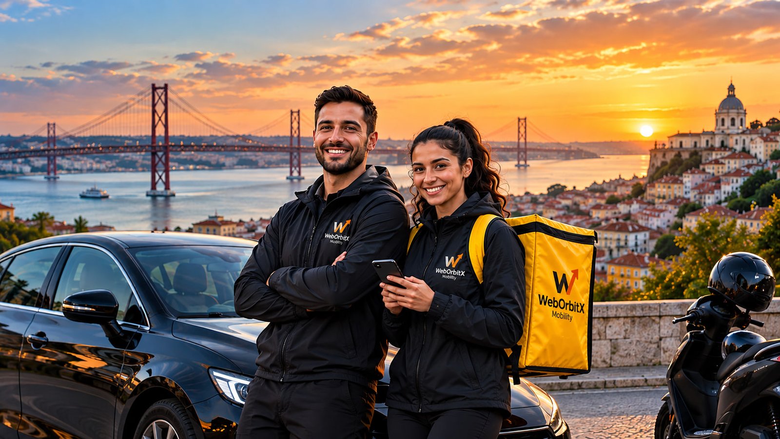 Two WebOrbitX Mobility drivers in branded jackets beside a car and a scooter, above the 25 de Abril bridge in Lisbon at sunset